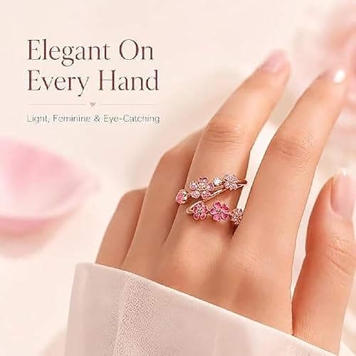 GUUZETU Pfirsichblüten-Ring, verstellbarer, rosévergoldeter rosa Kirschblüten-Blumenring, Blumenkristall- und Edelsteinschmuck, leichter, zierlicher Ring mit offenem Band, Geschenk für Hochzeit thumbnail 7