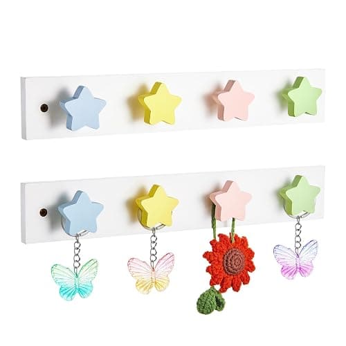 Suzile 2 Pcs Wall Mounted Kids Coat Rack Cute Kids Wall Hooks Backpack Hanger for Towels Hats Bedroom Playroom Bathroom Classroom Room Decor(Star Style,14 x 2.3 x 1.5 Inch) - Image 1