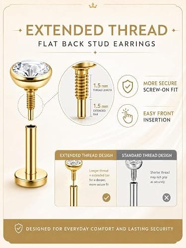 Drperfect 16G 18G Flat Back Stud Earrings for Women | Hypoallergenic Surgical Steel Internal Thread Stud Piercing Jewelry for Tragus Helix Cartilage Conch Nose Lip Medusa Piercing thumbnail 6
