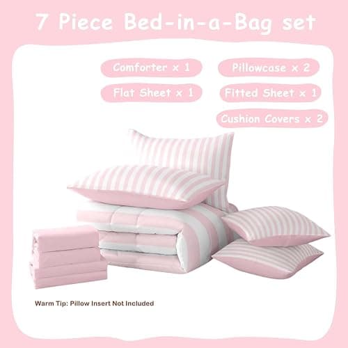 Feelyou White Pink Striped Comforter Set with Sheets 7 Piece Twin Size Striped Bed in a Bag Kids Boys Girls Bedding Set Basic Simple Bedroom Decor Breathable Soft Lightweight Microfiber thumbnail 6