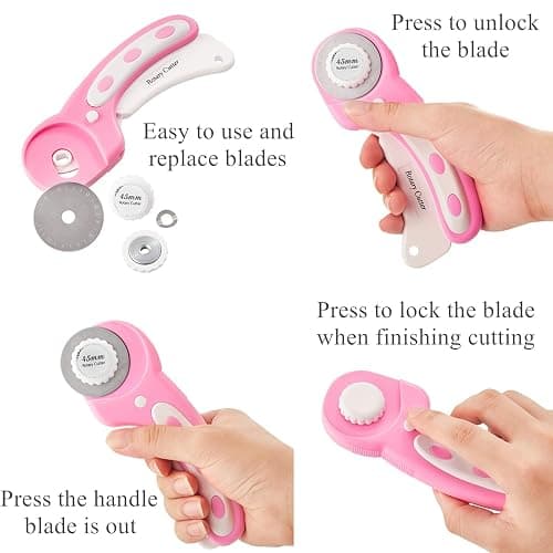 Headley Tools Rotary Cutter Set - 45mm Fabric Cutter, 5 Replacement Rotary Blades, A3 Cutting Mat, Quilting Ruler and Sewing Clips, Craft Knife Set, Ideal for Crafting, Sewing, Patchworking, Pink thumbnail 2