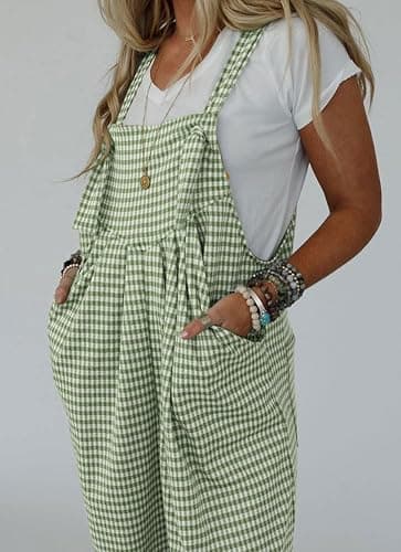 chouyatou Women's Sleeveless Plaid Wide Leg Bib Overall Casual Loose Gingham Jumpsuits with Pockets thumbnail 3