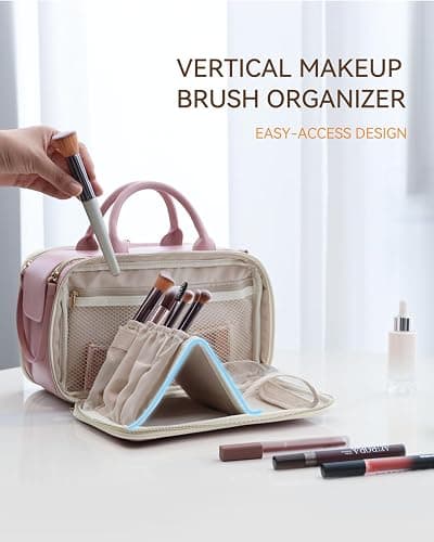 Prite Makeup Bag for Women, Large Capacity Waterproof Travel Cosmetic Organizer, Portable Open Flat Toiletry Bag with Free-Standing Brush Holder and Handle(Pink Medium) thumbnail 4