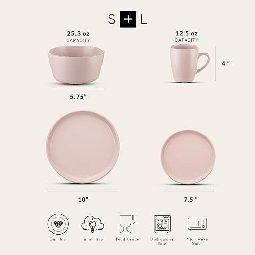 Stone Lain Albie Stoneware 32-Piece Modern Dinnerware Set, Kitchen Plates and Bowls Sets, Dish Set for 8, Pink thumbnail 3