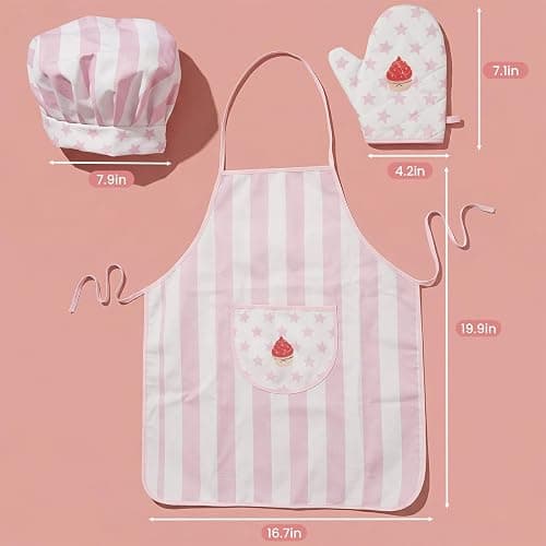 Kid Apron and Chef Hat Set, 3 Pcs Children Cooking Baking Set Kits Role Play Chef Toy Kid Cooking Gift for Girls Boys (Pink) thumbnail 3