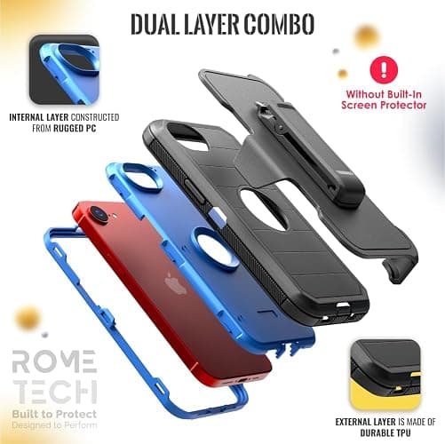 Designed for iPhone 16e Case with Belt Clip Holster & Kickstand, Screenless Dual-Layer Shockproof Phone Case - Black & Blue thumbnail 3