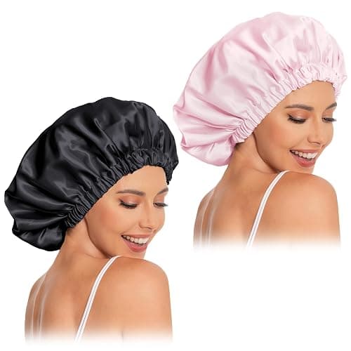Satin Bonnet Silk Bonnet Hair Bonnet for Sleeping-Slouchy Beanie Hat Satin Sleep Cap for Women's Natural & Curly Hair(Black&Pink) - Image 1