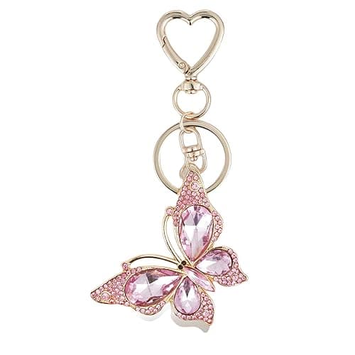 Weixiltc Charm Keychain for Women, Cute Heart Key Chain with Diamond Butterfly Pendant, Lovely Bag & Purse Keyring Accessory
