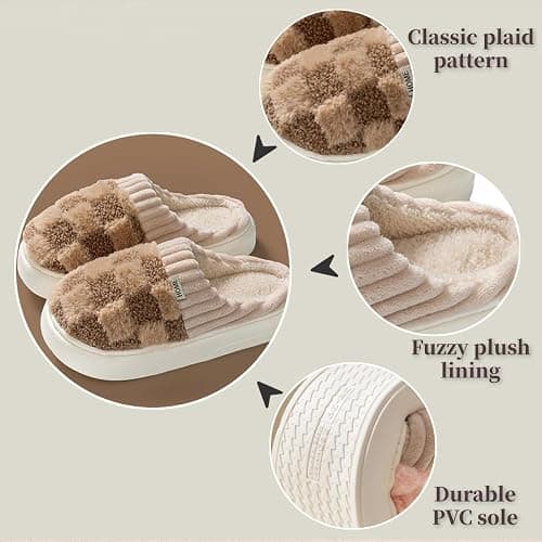 VTTDB Checkered Slipper House Slippers for Women Men Plush Warm Fuzzy Slippers Flyffy Bedroom Shoes Indoor Slip On thumbnail 2