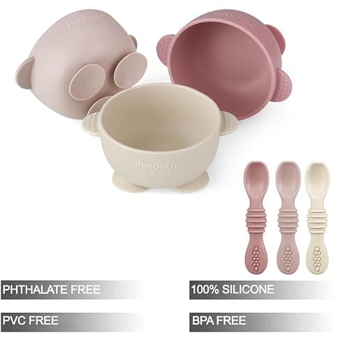 PandaEar 3 Pack Baby Suction Bowls with 3 Spoons, Stay Put Silicone Food Bowl Babies Led Weaning Supplies for Kids Toddlers, BPA-Free, Pink Linen | Non-Slip Stay Put Bowls & Soft Silicone First Stage Spoons for Toddlers, BPA-Free Baby Led Weaning Set, Pink Rose Linen thumbnail 3