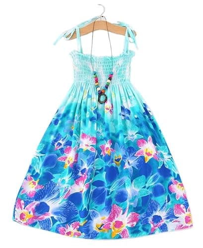 Flenwgo Girls Bohemian Dresses Floral Sleeveless Rainbow Beach Sundress with Necklace 2-12T - 3-4T - Blue thumbnail 6