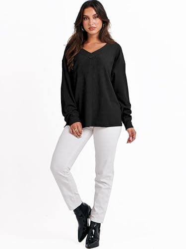 ANRABESS Oversized Long Sleeve Shirts for Women Off the Shoulder Sweatshirt Loose V Neck Tunic Tops High Low Sweater 2025 thumbnail 8