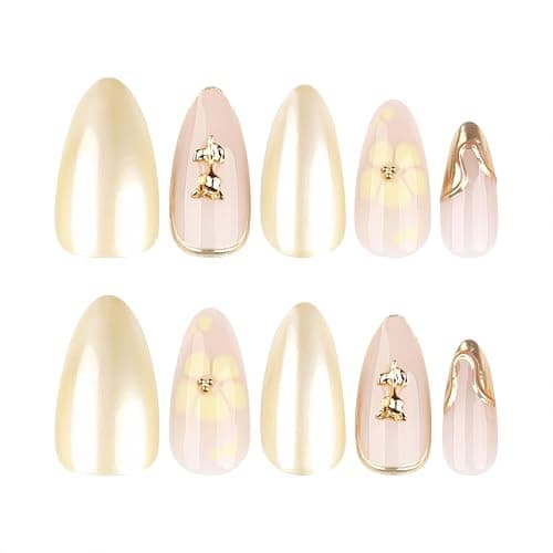 Yellow Flower Press On Nails with Gold 3D Design, Glossy Almond Fake Nails with Metallic Line Art, Elegant Reusable Stick On Nails for Women and Girls, 24PCS Full Cover False Nail Set thumbnail 2
