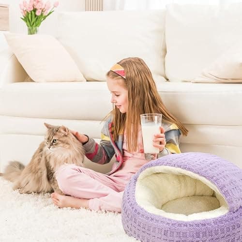 Plush Cat Bed Hooded Semi Enclosed Shell Shaped Pet Nest Cozy Warming Anti-Slip Small Dog Bed for Puppy and Kitten thumbnail 7