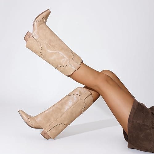 RONILURN Women Shark Boots Fold Over Mid Calf Chunky Heel Snip Toe Cowboy Cowgirl Pull On Studded Boots for Women thumbnail 7