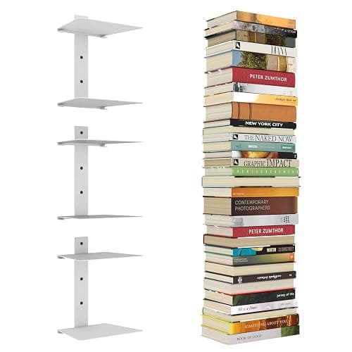 Mefirt Invisible Floating Bookshelves for Wall, 6 Tier Vertical Spine Book Tower, Heavy Duty Floating Book Shelves Metal Book Organizers for Home Office, 3 Pack(White) - Image 1