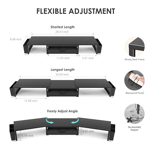 OPNICE Desk Organizers and Accessories, Dual Monitor Stand Riser with Drawer and 2 Pen Holders, Desk Shelf Metal Computer Racks for Office Workspace Organizers, Desktop Organization (Black) thumbnail 3