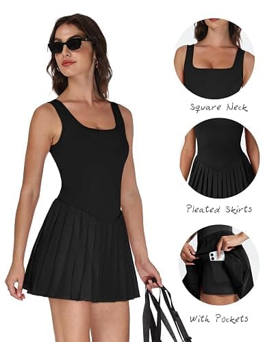 Athletic Dress for Women Built in Shorts U Neck Womens Tennis Dress Pleated with Pockets Sleeveless Golf Clothes thumbnail 3