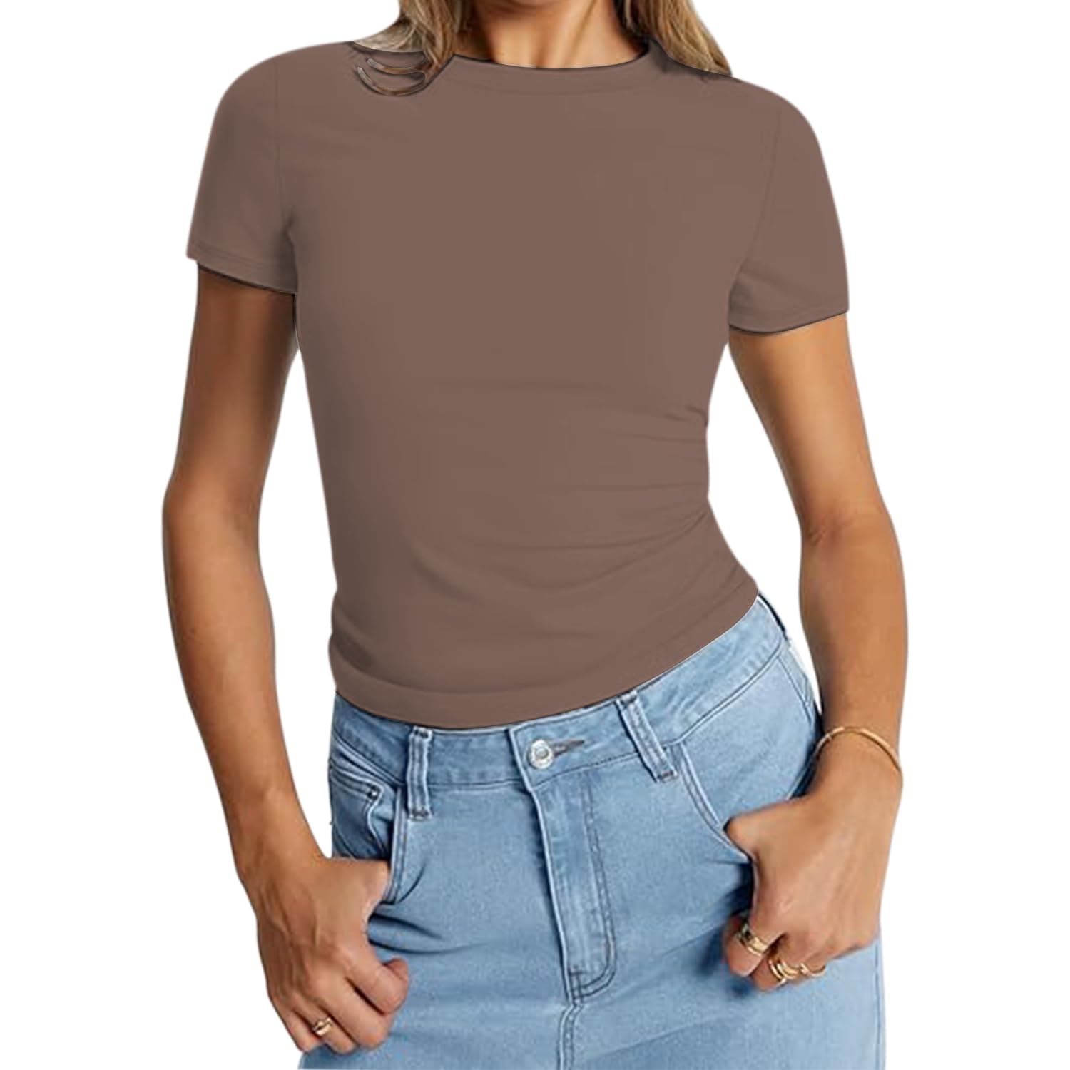 Camiseta Manga Corta Mujer,Camiseta Básica Verano Top 2025 Pullover Manga Corta Y2k tee Cute Gym Fashion Sportswear - G - Café thumbnail 2
