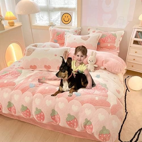 CinYana Pink Strawberry Duvet Cover Set Fluffy Kawaii Cartoon Comforter Cover Soft Kids Twin Size Bedding Set (Strawberry) thumbnail 2