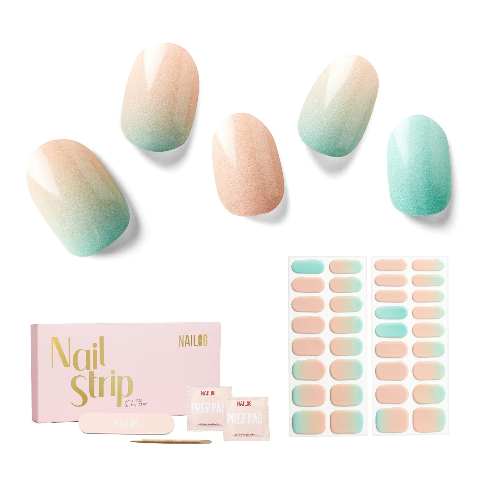 NAILOG Semi Cured Gel Nail Strips, 34 pcs Salon-Quality Nail Stickers, Long Lasting Nail Wraps for Women with Soft Gel Finish | Blue Gradient - Image 1