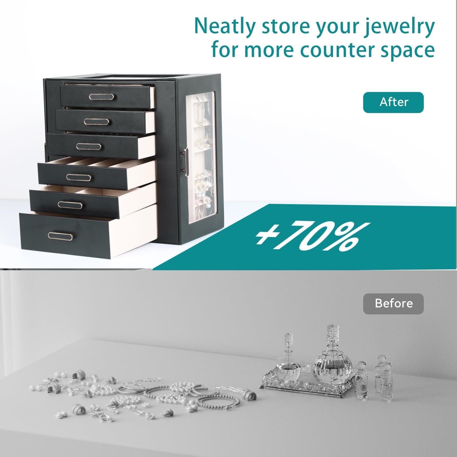 Jewelry Boxes for Women, 6 Layer Jewelry Organizer with Glass Lids, Jewelry Holder Organizer with 5 Drawers and 2 Glass Doors for Jewelry Storage, Big Jewelry Box for Womens Gift (Black) thumbnail 5