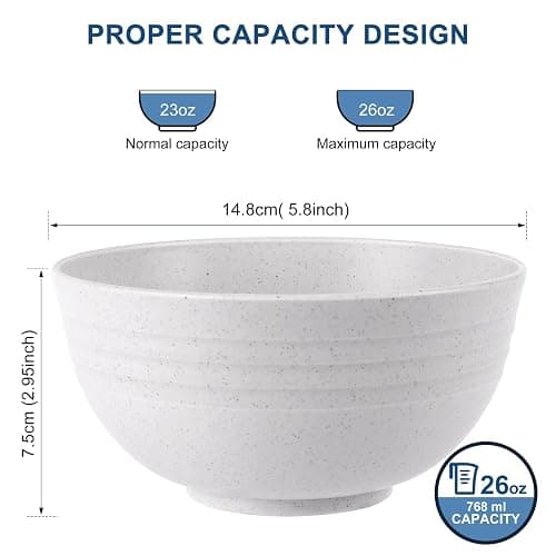HOTEC Unbreakable Wheat Straw Cereal Bowls - Microwave & Dishwasher Safe Soup and Salad Bowls BPA Free, Set of 8, 26oz, White - White thumbnail 3