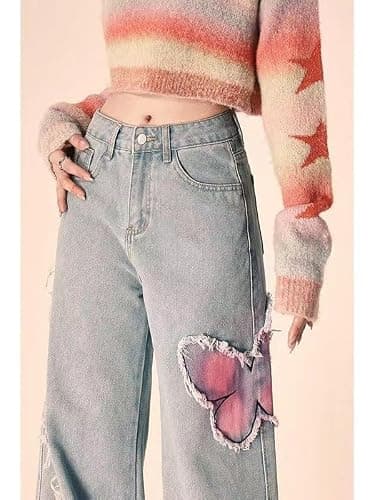 Y2K Baggy Jeans for Women High Waisted Wide Leg Patchwork Butterfly Print Denim Pants Streetwear Distressed Trousers thumbnail 4