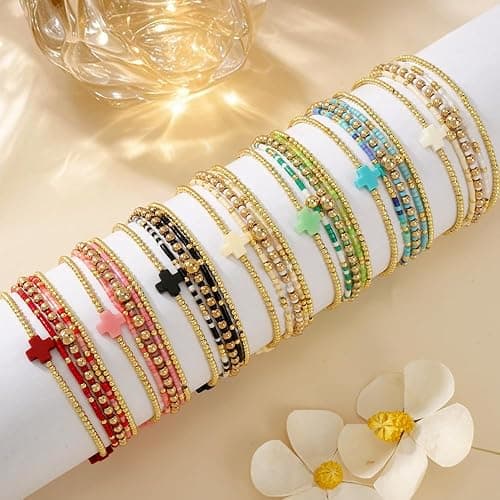 Bohxantium Gold Beaded Bracelets Stack for Women Christmas Stocking Stuffers Stackable 14K Gold Plated Beads Ball Cross Bracelet Boho Christian Jewelry Friendship Birthday Christmas Gifts for Women thumbnail 3