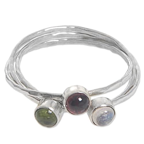NOVICA Artisan Handmade Multigemstone Cocktail Ring Balinese Garnet Peridot Rainbow Moonstone .925 Sterling Silver Indonesia Modern Birthstone 'Memorable Trio' - Image 1