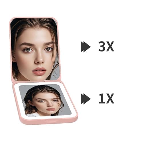 Kintion 1X/3X Pocket Mirror, 3 Color Lighting LED Compact Mirror (Pink) | Rechargeable Dimmable Travel Mirror for Purse, Portable, Folding, Handheld, Small Lighted Mirror for Women Gift thumbnail 5