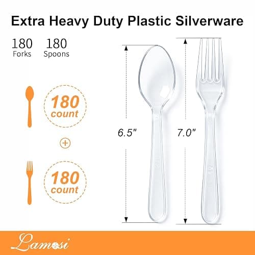 Lamosi 360 Count Extra Heavy Duty Clear Plastic Forks and Spoons | 180 Forks, 180 Spoons, Disposable Plastic Silverware BPA-Free, Heat Resistant for Wedding Party Supplies thumbnail 3