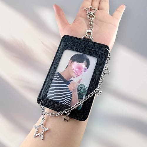K-pop Photocard Holder Keychain with Metal Chain – 2 pcs Hard Protective Card Case with Heart & Star Clip Keychain, Decorative Charms for Toploader or Badge Black and White thumbnail 2