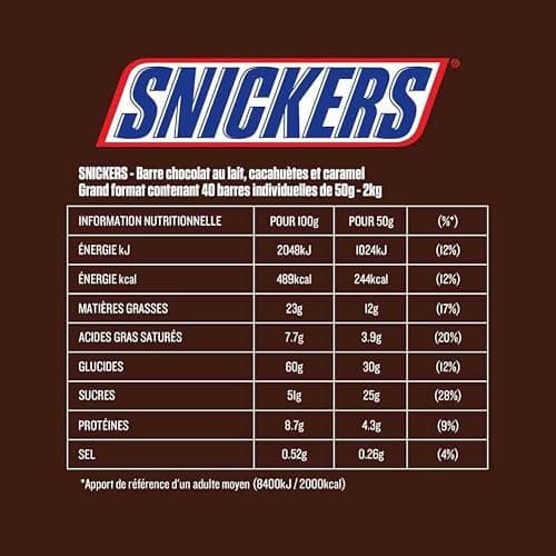 SNICKERS - Barre Chocolat au Lait, Cacahuètes & Caramel - Grand format - 40 barres chocolatées individuelles de 50g - 2kg thumbnail 2