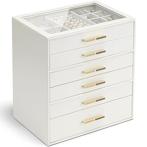 Vlando 6 Layer Jewelry Box for Women, Glass Lid Jewelry Organizer with 6 Drawers for Necklaces Rings Earrings Bracelets - Cloud White - Image 1