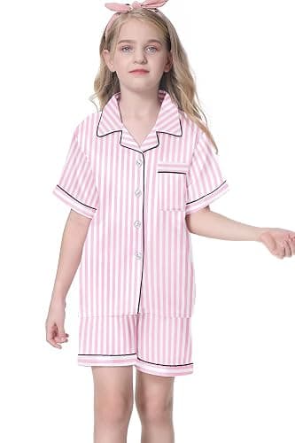Umeyda Women & Girls Pajamas Set, Soft Satin Lightweight Silk Button-Down Top with Shorts 2 Piece PJS for Mom Boys Kids Gifts thumbnail 3