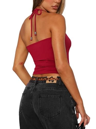 REORIA Women's Sexy Halter Backless Double Lined Tank Top Y2k Trendy Camisole Crop Tops thumbnail 2