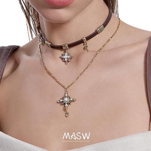 Retro stylish Star Cross Pendant Necklace Faux Leather Women's Collar Personalized Double Layer Necklace M2592 thumbnail 3