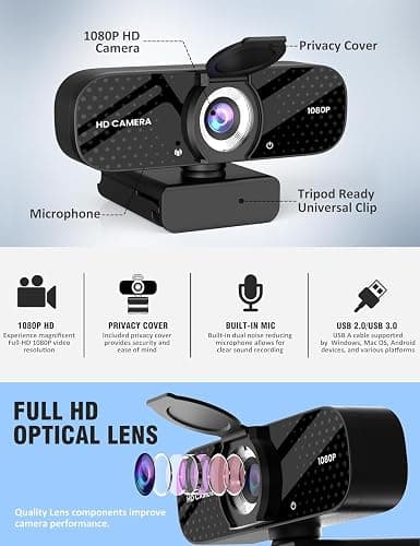 Catitru Full HD 1080P Webcam with Built-in Mic Wide Angle & Auto Focus Privacy Cover for PC/Laptop Plug & Play USB Camera Black thumbnail 6