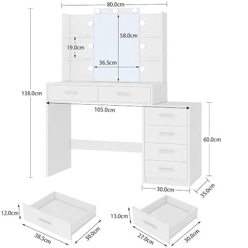 TEENFON Vanity Desk with 6 Drawers, 6 Open Shelves, Makeup Vanity with Mirror and Lights, Dressing Table with 3 Lighting Color Adjustable, Bedroom, White thumbnail 2