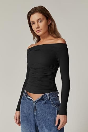 QINSEN Womens Off Shoulder Long Sleeve Tops Ruched Going Out Crop Slim Fitted Double Lined Shirts thumbnail 3