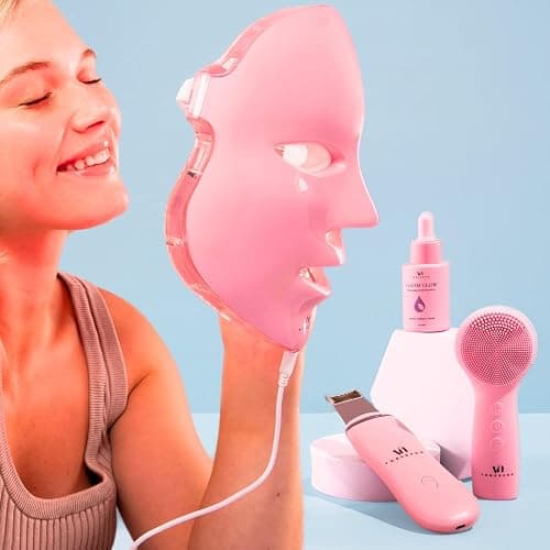 VogueNow LED Face Mask Light Therapy Premium Spa Kit (4 Pcs) - With Ultrasonic Scrubber, Ultrasonic Brush & Green Tea Serum - 7 Colors (Blue & Red) Light Therapy Mask - Christmas Gifts for Women - Image 1