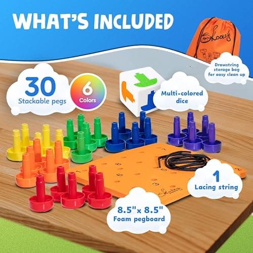 Skoolzy Peg Board Set - Montessori Toys for 2 Year Old - 33 Pc Peg Board for Kids - Occupational Therapy Toys with Pegs, Dice, Lacing String & Storage Bag - Montessori Toys for 2+ Year Old - 1. Peg Set with Foam Board (33 pc) thumbnail 3