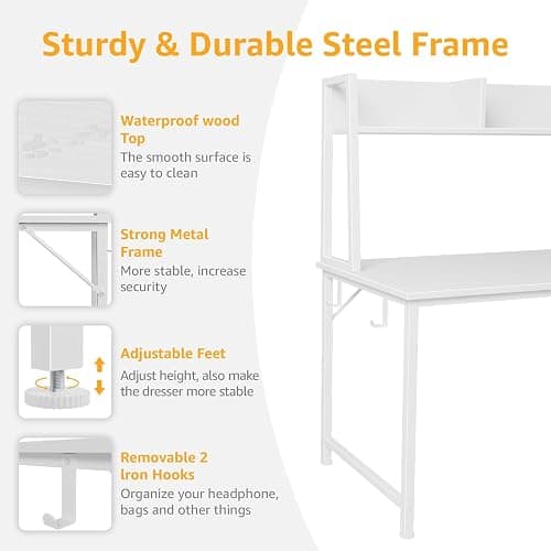 DLisiting White Computer Desk with Hutch & Drawers - Office Desk with 3 Storage Drawers and Power Outlets, 47 Inch Modern Study Writing Desk for Bedroom Home Office thumbnail 5