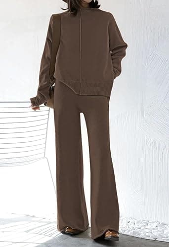 Viottiset Women's 2 Piece Outfits Sweater Set Wide Leg Pants High Neck Sweatsuit Loungewear thumbnail 2