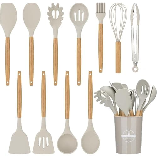FIOUSY Kitchen Utensil Set, 12 PCS Silicone Cooking Utensils Set with Wooden Handle, Heat Resistant, Nonstick Cookware Tongs Spatula Spoon Set, Dishwasher Safe, Best Kitchen Tools (Khaki) - Image 1