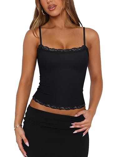 PINKMSTYLE Women's Sexy Square Neck Lace Cami Tank Tops Fitted Double Lined Sleeveless Crop Spaghetti Strap Summer Y2k Tops thumbnail 2