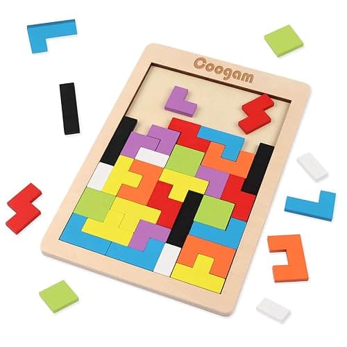 Coogam Wooden Blocks Puzzle Brain Teasers Toy Tangram Jigsaw Intelligence Colorful 3D Russian Blocks Game STEM Montessori Educational Gift for Kids (40 Pcs) - Image 1
