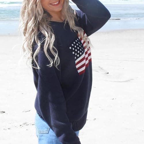 Women American Flag Sweater Long Sleeve Crewneck Knitted Jumper Top Patriotic Loose Pullover Fall Winter Clothes thumbnail 5