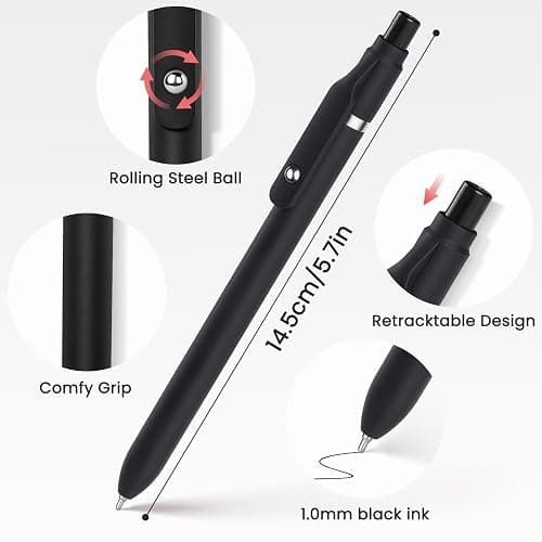 Sooez 12 Pack Bulk Pens Ballpoint, Retractable Black Ink Pens for Smooth Writing, Quick Dry Ball Point Pens Black, Medium Point 1.0mm Fidge Pens for Journaling, Office Supplies for Nurse, Note Taking thumbnail 5